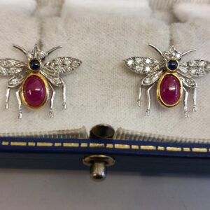 Vintage 18ct White Gold, Natural Ruby, Diamond & Sapphire Bug Earrings-Stunning!