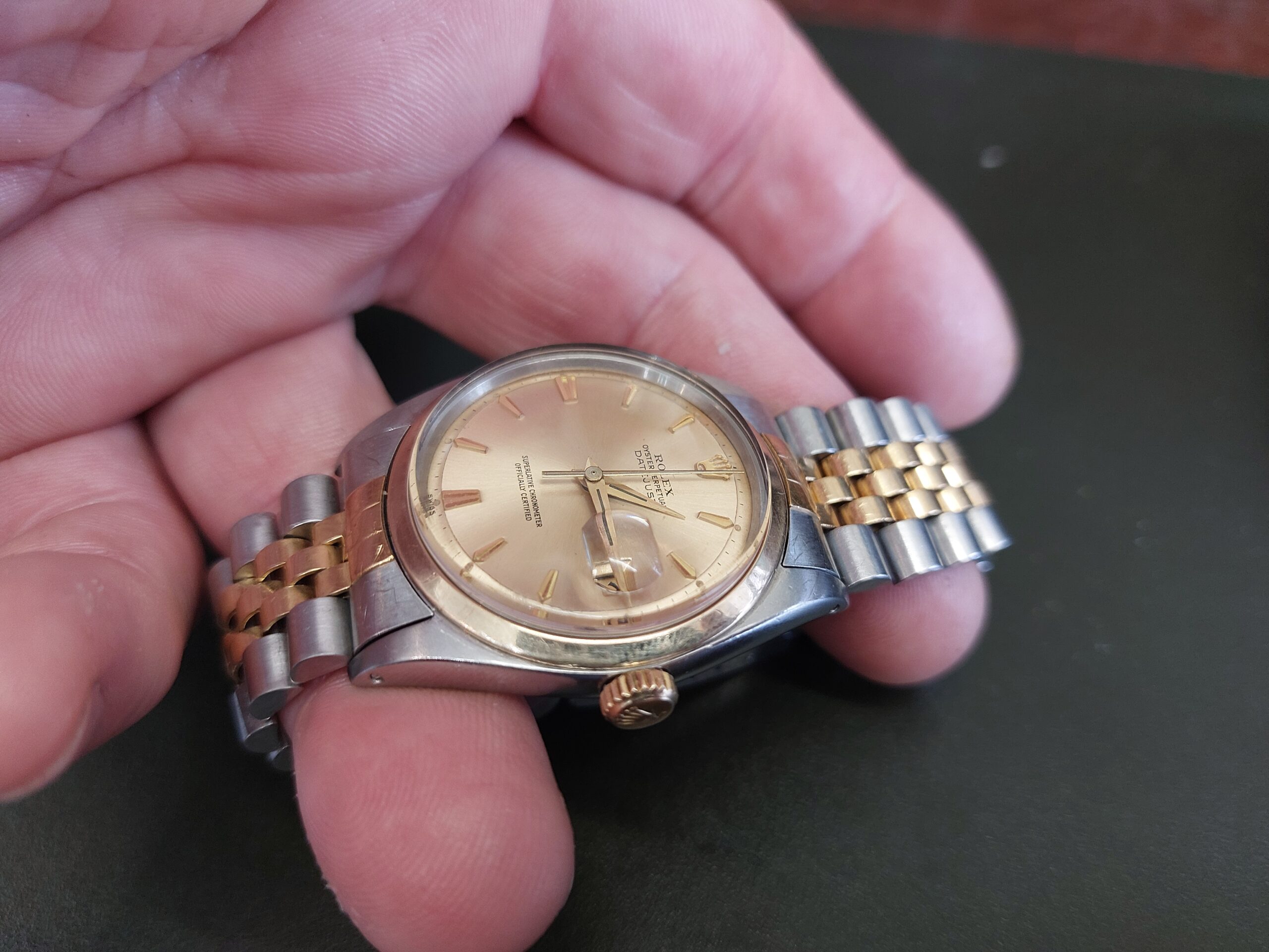 1962 1600 bimetal Date-just 1560 cal Butterfly movement, Pie Pan dial, Coffin box - Image 6