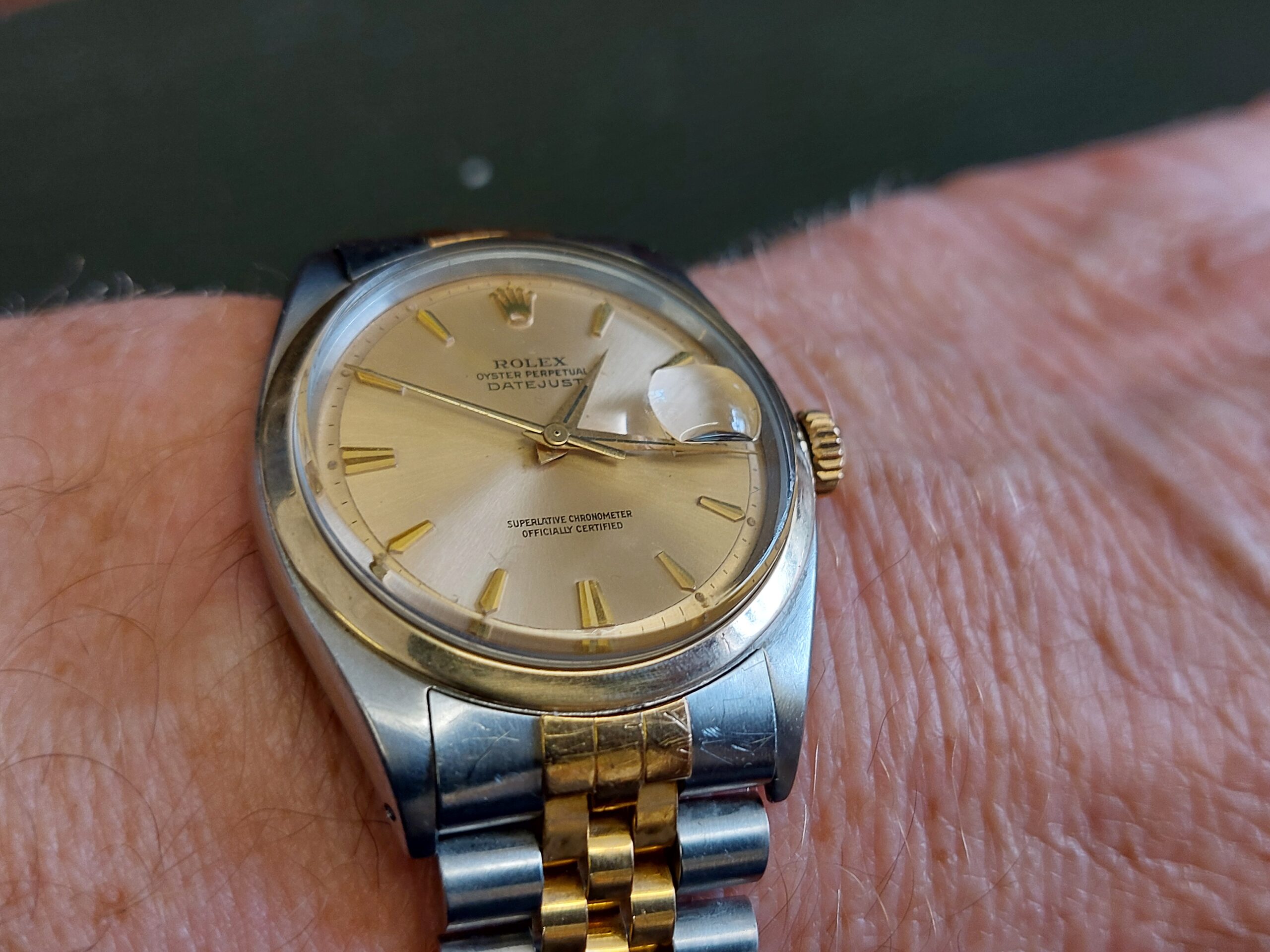 1962 1600 bimetal Date-just 1560 cal Butterfly movement, Pie Pan dial, Coffin box - Image 12