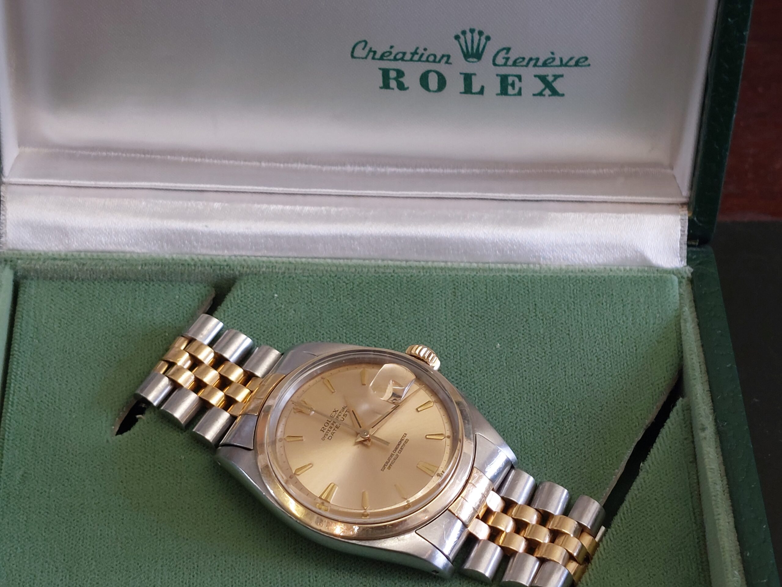 1962 1600 bimetal Date-just 1560 cal Butterfly movement, Pie Pan dial, Coffin box - Image 13