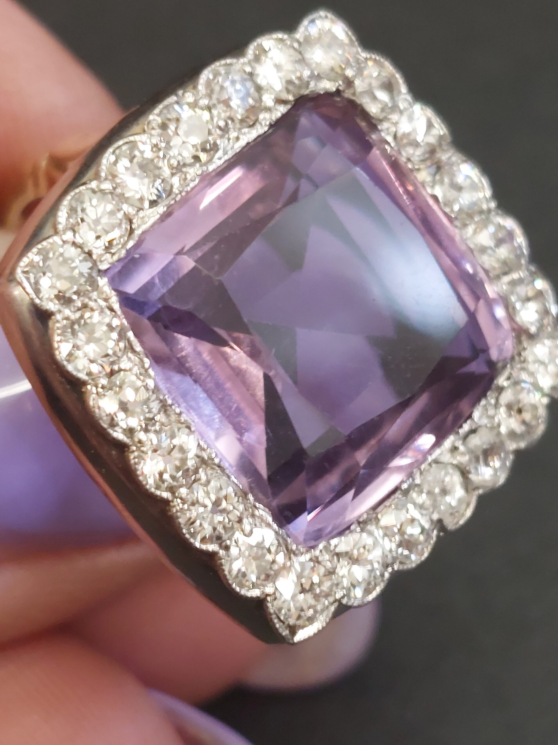 Stunning Antique 18ct Y/G, Platinum, Natural Amethyst & Diamond Cocktail Ring - Image 6