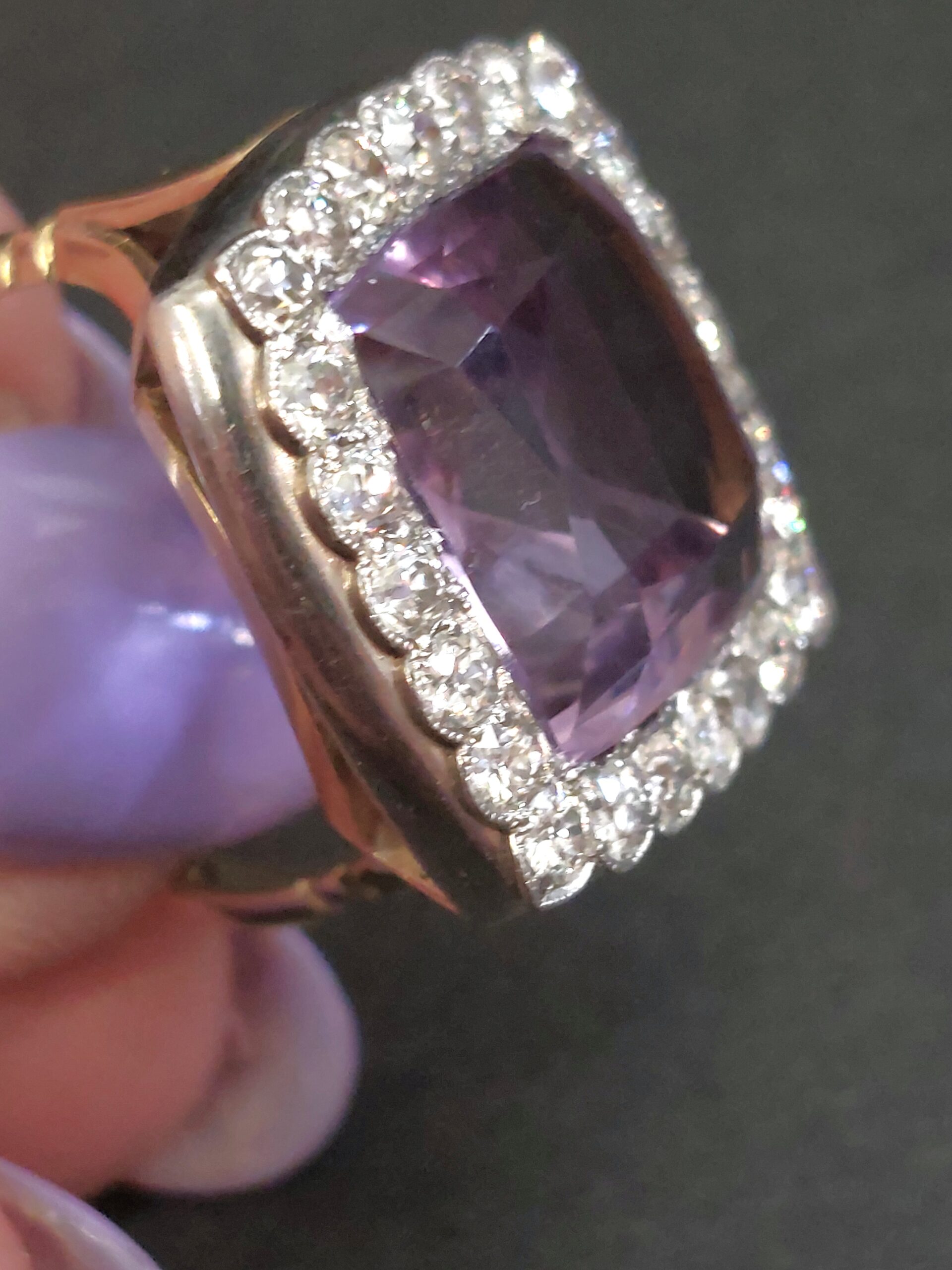 Stunning Antique 18ct Y/G, Platinum, Natural Amethyst & Diamond Cocktail Ring - Image 7