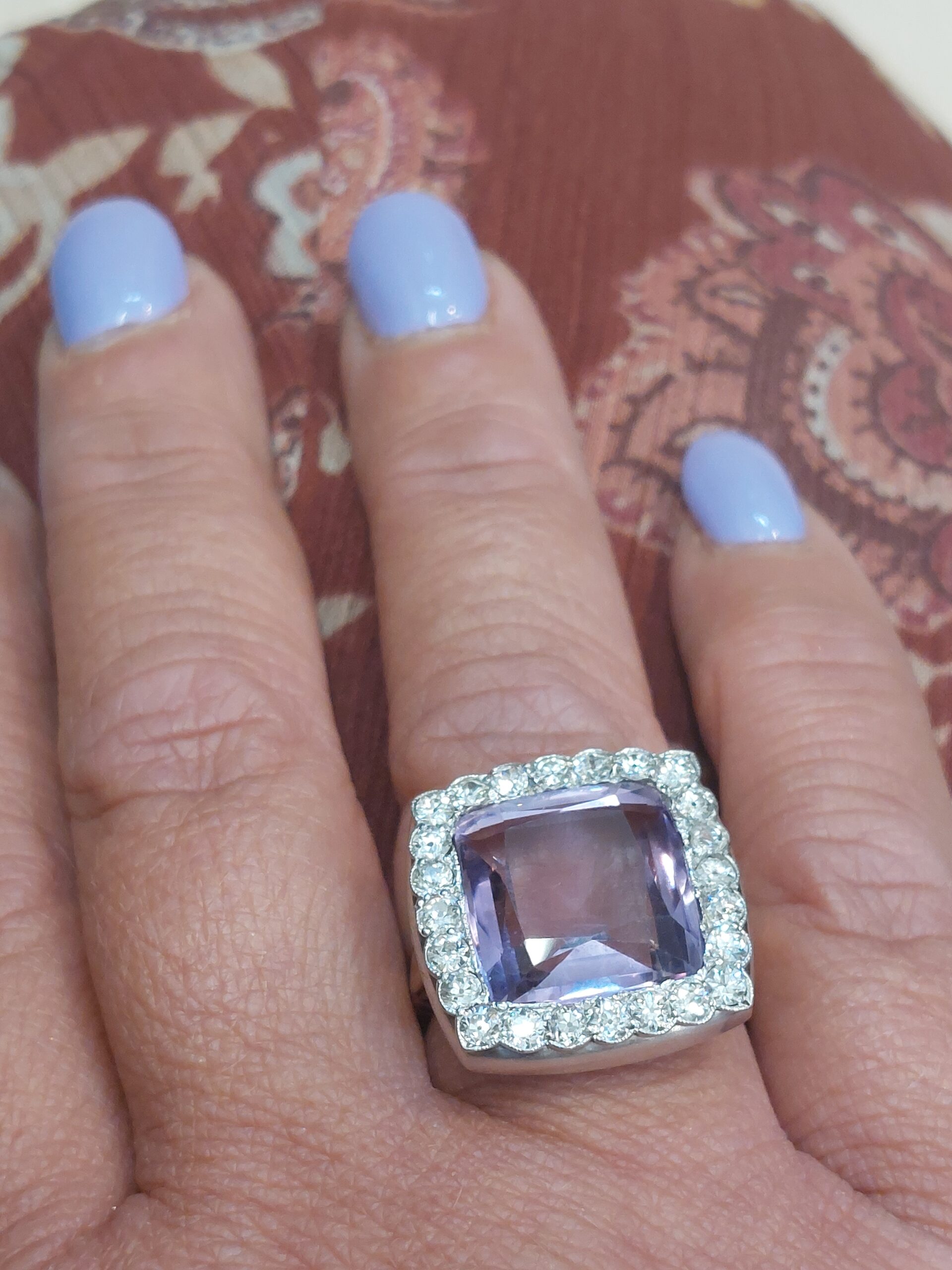 Stunning Antique 18ct Y/G, Platinum, Natural Amethyst & Diamond Cocktail Ring - Image 8