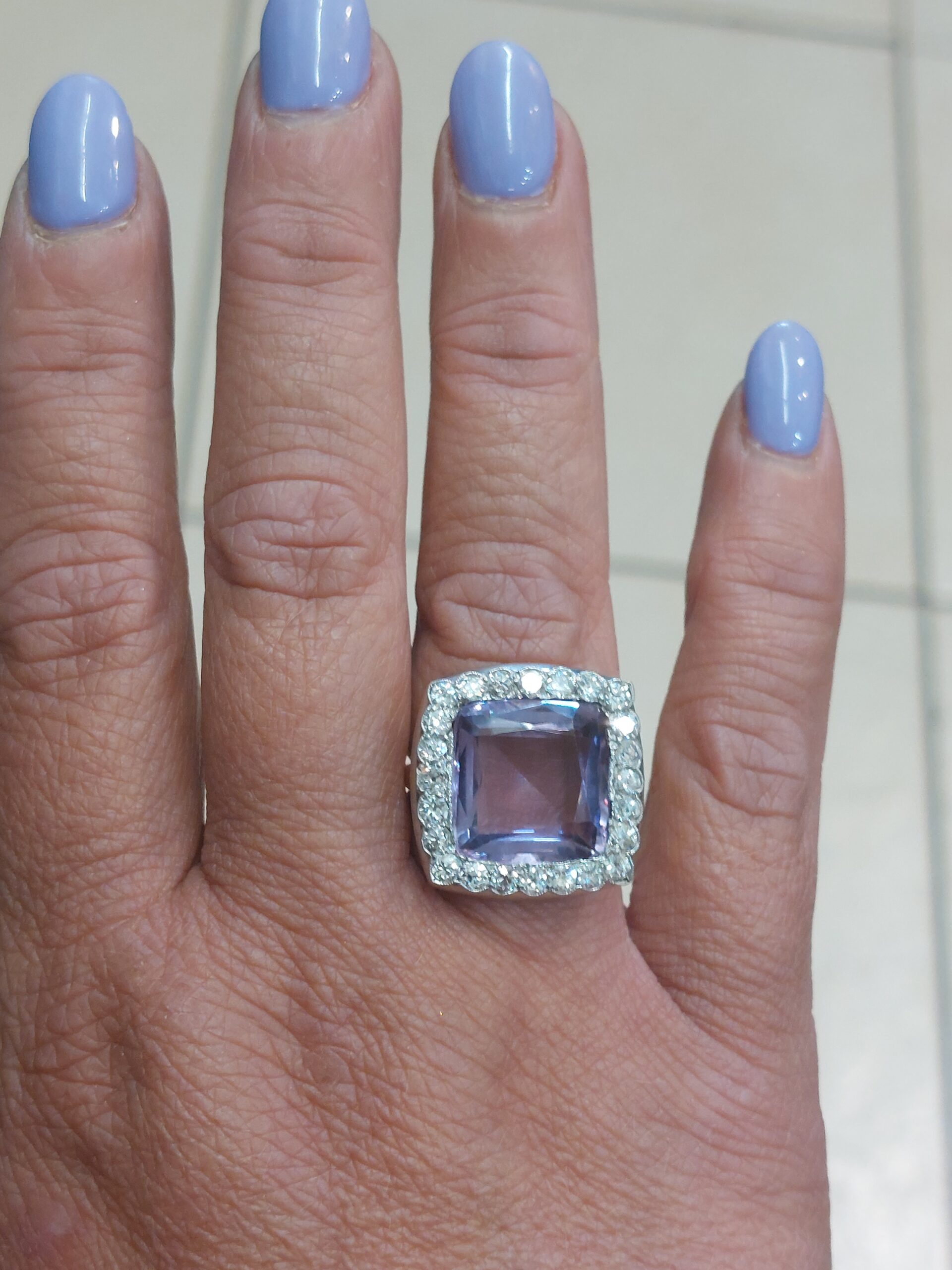 Stunning Antique 18ct Y/G, Platinum, Natural Amethyst & Diamond Cocktail Ring - Image 11